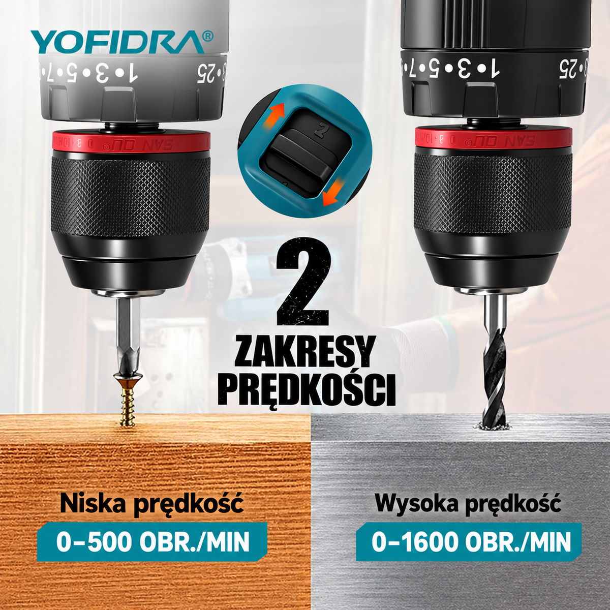 Akumulatorowa wiertarko-wkrętarka YOFIDRA  3w1 – wiercenie, udar i wkręcanie