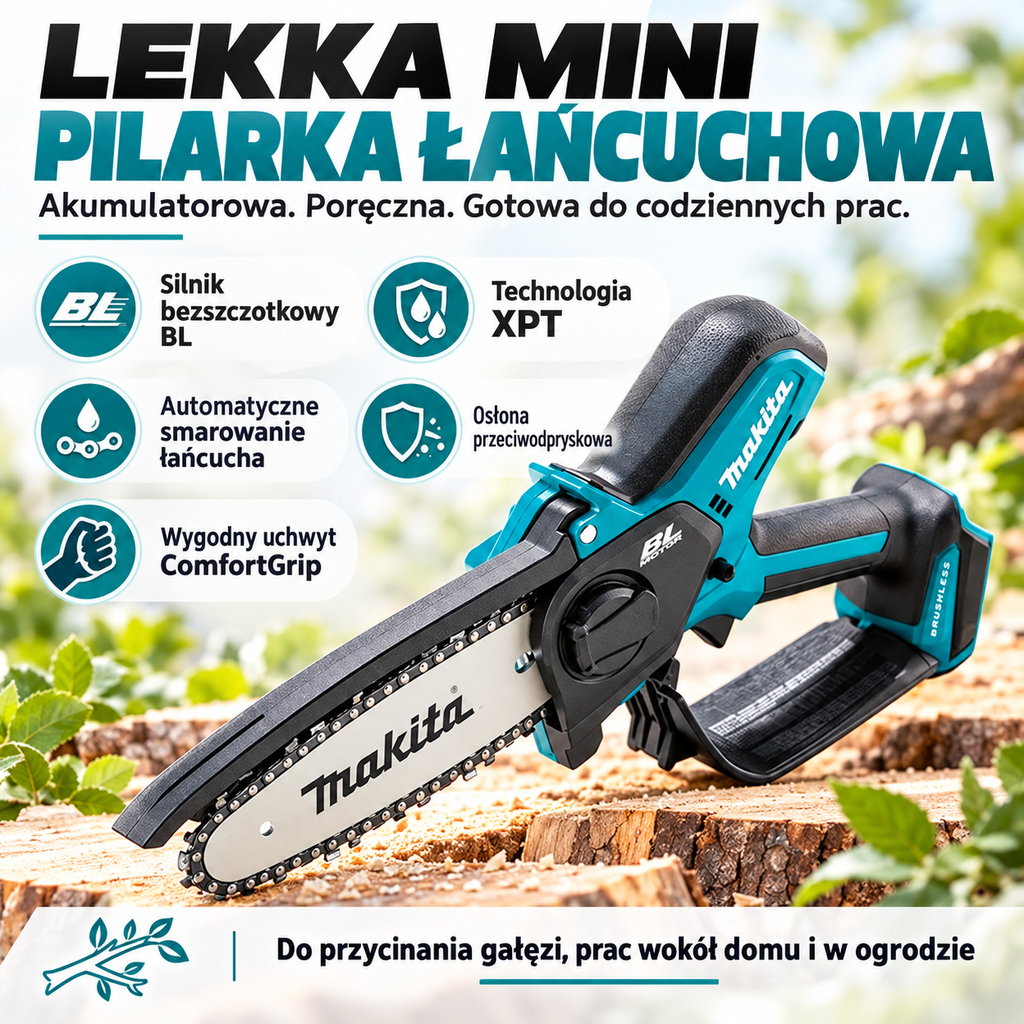 Mini Piła Łańcuchowa Bezszczotkowa z Elastyczną Regulacją Naciągu - typu Makita UC286 6-calowa